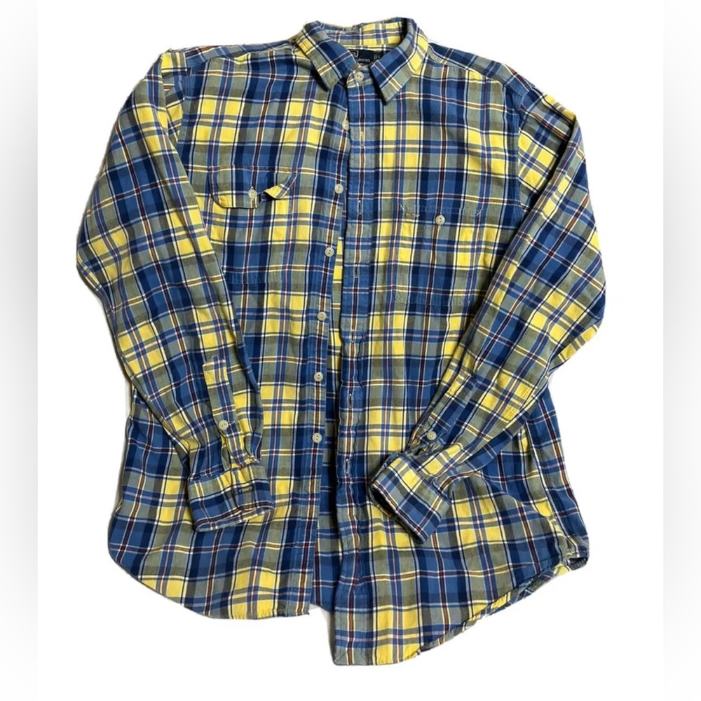VTG Polo Ralph Lauren Mens Plaid Long Sleeve Button Up Flannel Blue Yellow Large